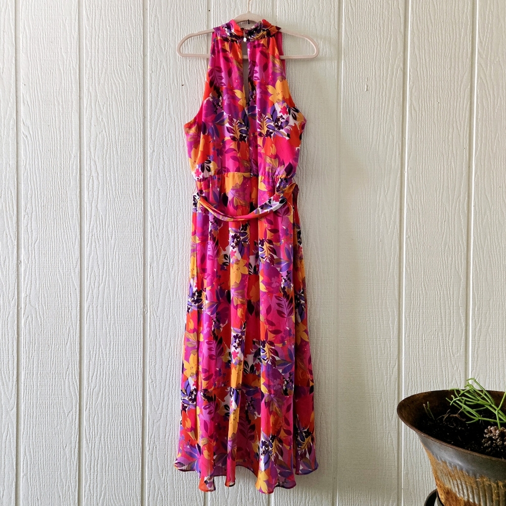 JULIA JORDAN Fushia Floral Halter V Neck Surplice Faux Wrap Sleeveless Belted 12 - Picture 3 of 10